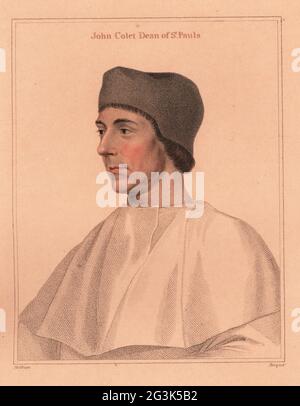 John Colet, doyen de la cathédrale Saint-Paul, érudit et ami d'Erasmus, fondateur de l'école Saint-Paul, 1467-1519. Gravure à l'effigie d'un copperplate de couleur main par E. Bocquet après un portrait de Hans Holbein le plus jeune imprimé sur papier rose à partir d'imitations des dessins originaux de Hans Holbein, John Chamberlaine, Londres, 1812. Banque D'Images