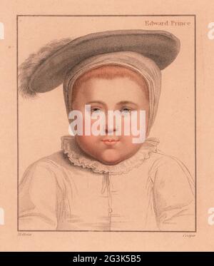 Prince Edward, 1 ans, plus tard le roi Edward VI d'Angleterre, 1537-1553. Fils d'Henry VIII et de Jane Seymour. Gravure à l'effigie d'un copperplate de couleur main par Robert Cooper après un portrait de Hans Holbein le plus jeune imprimé sur papier rose à partir d'imitations des dessins originaux de Hans Holbein, John Chamberlaine, Londres, 1812. Banque D'Images