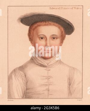 Edward, Prince de Galles, de 3 à 5 ans, plus tard le roi Edward VI d'Angleterre, de 1537 à 1553. Fils d'Henry VIII et de Jane Seymour. Edward, Prince de Galles. Gravure à l'effigie d'un copperplate de couleur main par Robert Cooper après un portrait de Hans Holbein le plus jeune imprimé sur papier rose à partir d'imitations des dessins originaux de Hans Holbein, John Chamberlaine, Londres, 1812. Banque D'Images