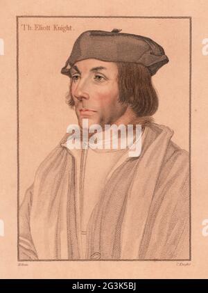 Sir Thomas Elyot, diplomate et érudit anglais (1490-1546). Ambassadeur auprès du Saint-empereur romain. Thomas Eliott, Chevalier. Gravure à l'effigie d'un copperplate de couleur main par Charles Knight après un portrait de Hans Holbein le plus jeune imprimé sur papier rose à partir d'imitations des dessins originaux de Hans Holbein, John Chamberlaine, Londres, 1812. Banque D'Images