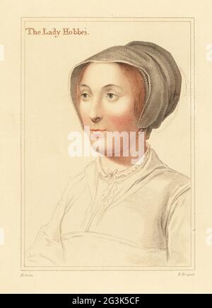 Elizabeth Cooke était l'épouse de Sir Thomas Hoby (d. 1596). Aussi identifié comme Elizabeth Stonor, épouse de Sir Philip Hoby, ambassadeur d'anglais auprès du Saint-Empire romain. La Dame Hobbei. Gravure à la main en copperplate réalisée par E. Bocquet après un portrait de Hans Holbein le plus jeune à partir d'imitations de dessins originaux de Hans Holbein, John Chamberlaine, Londres, 1812. Banque D'Images