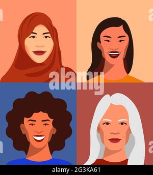Illustration vectorielle de femmes gaies de différentes ethnies et races Banque D'Images