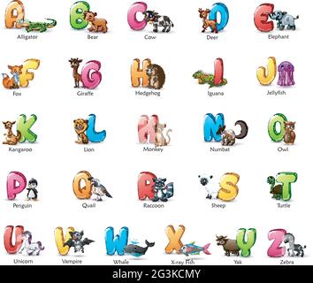 Ensemble d'alphabet coloré de dessin animé avec différents animaux Illustration de Vecteur