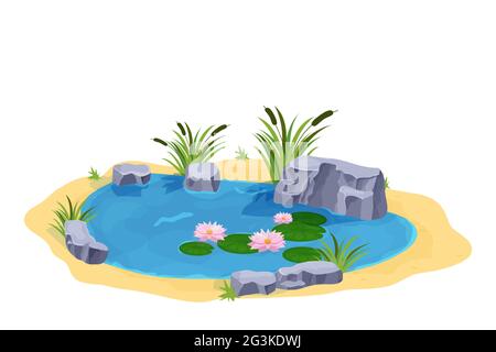 Lac avec eau calme, fleurs de nénuphars, taureaux et pierres de style caricatuaire isolé sur fond blanc. Bassin naturel extérieur. . Illustration vectorielle Illustration de Vecteur