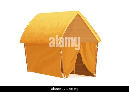 Bungalow sur la plage, cabane tiki avec toit en paille, bambou et détails en bois sur sable dans le style de dessin animé isolé sur fond blanc. Bâtiment de fantaisie, vacances Illustration de Vecteur