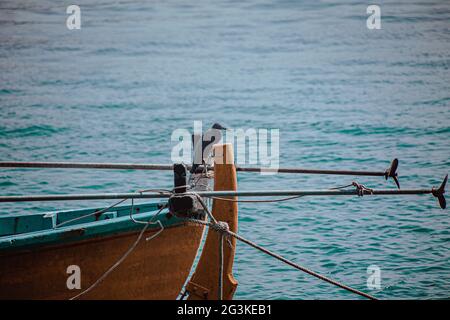 Belle photo d'un oiseau indien cormorant/pélican assis sur un bateau avec la mer en arrière-plan Banque D'Images