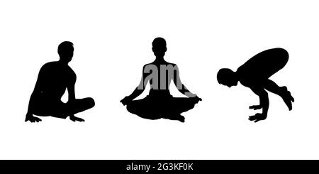 Ensemble d'asana de yoga. Ensemble de silhouettes pour hommes pratiquant le yoga. Illustration vectorielle d'esquisse dessinée à la main isolée sur fond blanc Illustration de Vecteur