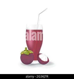 Jus de fruits mangousteen réaliste en verre paille boisson biologique saine Illustration Illustration de Vecteur