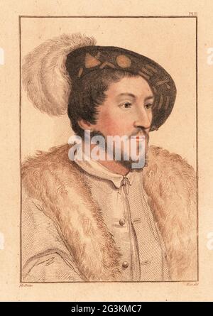 Portrait d'un homme inconnu, cour du roi Henri VIII, c. 1532. Peut-être John Dudley, 1er duc de Northumberland, qui a essayé d'installer Lady Jane Gray comme reine. Gravure à la main en paper-plaque de Charles Knight après un portrait de Hans Holbein le plus jeune à partir d'imitations de dessins originaux de Hans Holbein, John Chamberlaine, Londres, 1812. Banque D'Images