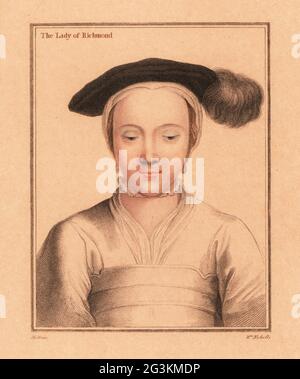 Mary Howard, fille de Thomas Howard, 3e duc de Norfolk. Plus tard Mary Fitzroy, duchesse de Richmond et Somerset, épouse du fils illégitime d'Henry VIII, Henry Fitzroy. La Dame de Richmond. Gravure à l'effigie d'un copperplate de couleur main par William Nicholls après un portrait de Hans Holbein le plus jeune à partir d'imitations de dessins originaux de Hans Holbein, John Chamberlaine, Londres, 1812. Banque D'Images