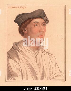 Sir Richard Southwell , 33 ans, Conseiller privé anglais, c. 1502- 1564. [RI]ch Southwell Knight. Anno Ettatis su 33. Gravure à l'effigie d'un copperplate de couleur main par William Nicholls après un portrait de Hans Holbein le plus jeune à partir d'imitations de dessins originaux de Hans Holbein, John Chamberlaine, Londres, 1812. Banque D'Images