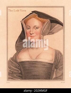 Elizabeth Cheney, 1509-1556, Lady Vaux, épouse de Thomas, 2e baron Vaux de Harrowden, fille de Sir Thomas Cheney. La Dame Vaux. Dans l'adresse de la hotte à pignon. Gravure à l'effigie d'un copperplate de couleur main par Robert Cooper après un portrait de Hans Holbein le plus jeune à partir d'imitations de dessins originaux de Hans Holbein, John Chamberlaine, Londres, 1812. Banque D'Images