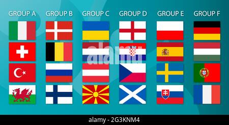 Groupes de qualification des tournois de football européen. Drapeaux de pays vectoriels. Illustration de Vecteur