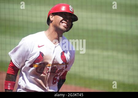 St Louis Cardinals Edmundo Sosa saute et court après avoir été frappé par un terrain par le lanceur de Miami Marlins Sandy Alcantara dans le septième repas au stade Busch à St. Louis le mercredi 16 juin 2021. Photo par Bill Greenblatt/UPI crédit: UPI/Alay Live News Banque D'Images