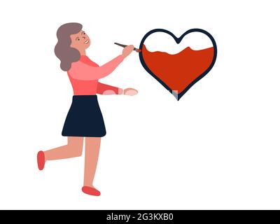 Fille dessin d'un coeur isolé sur un fond blanc. Un caractère heureux est dans la créativité. Personne souriante et cœur rouge. Femme mignonne à la main avec gr Illustration de Vecteur