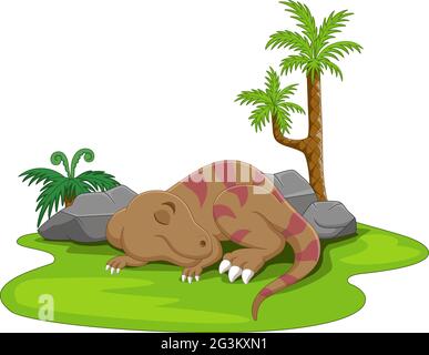 Dessin animé petit dinosaure mignon dormant dans l'herbe Illustration de Vecteur