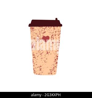 Une tasse de café à emporter. Tasse de thé tirée à la main, café Takeaway isolé sur fond blanc. Texture beige, coeur rose poussiéreux, couvercle marron. Bâton vectoriel confortable Illustration de Vecteur