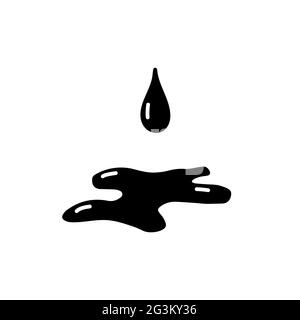 Chute de Doodle. Icône de goutte d'eau ou d'huile. Icône de glyphe noire isolée sur fond blanc. Une goutte d'huile tirée à la main avec une flaque en dessous. Drippi noir Illustration de Vecteur