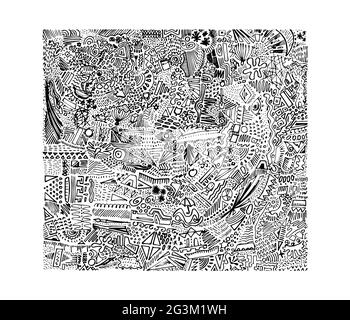 Illustration vectorielle enchevêtrée. Image encreur avec une variété d'éléments isolés sur fond blanc. Une image abstraite avec beaucoup de détails. Dessiné à la main Illustration de Vecteur
