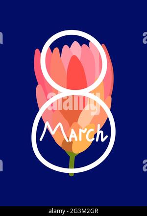 Carte de vœux Vector Mars 8. Concert de fête Journée des femmes. Fleurs roses dessinées à la main et lettres du 8 mars sur un fond bleu classique tendance. Félicitations Illustration de Vecteur