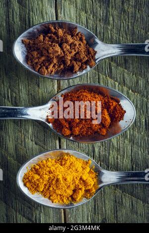 Cuillères à soupe de cannelle, cayenne et poudre de curcuma Banque D'Images