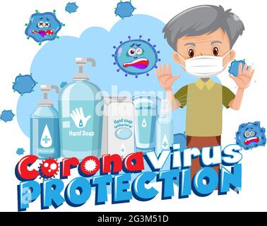 Bannière de protection contre les coronavirus avec personnage de dessin animé Old man et illustration de l'assainisseur Illustration de Vecteur