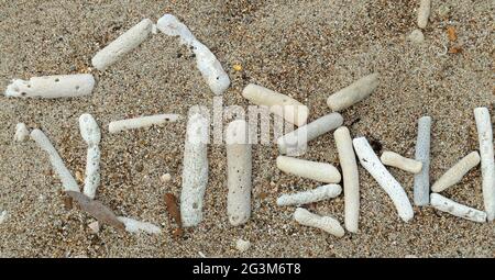 Sable avec des morceaux blancs de corail mort sur la plage de Curaçao. Il ressemble à un script inconnu. C'est Papiamentu. Pabien = Joyeux anniversaire Banque D'Images