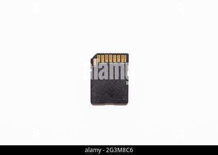 Carte mémoire SD noire placée sur un fond blanc. Les connecteurs sont de couleur or. Banque D'Images