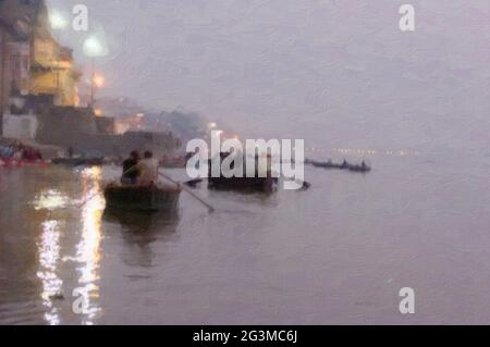 Impasto numérique peint des bateaux d'aviron sur la rivière Ganges à l'aube, Varanasi, Inde Banque D'Images