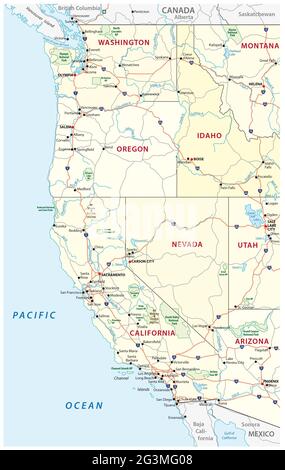 Routes, carte politique et administrative de l'Ouest des États-Unis d'Amérique avec parcs nationaux Banque D'Images