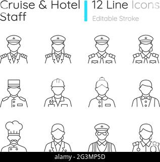 Les icônes linéaires du personnel des croisières et de l'hôtel se sont présentées Illustration de Vecteur