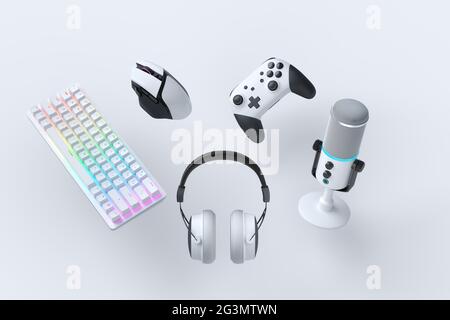 Des accessoires de gamer volant comme la souris, le clavier, le joystick, le casque, la reconnaissance vocale, microphone Banque D'Images