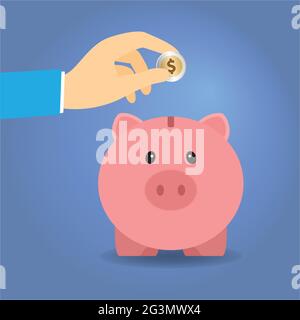 Main d'un homme mettant une pièce de monnaie de dollar dans une banque de piggy