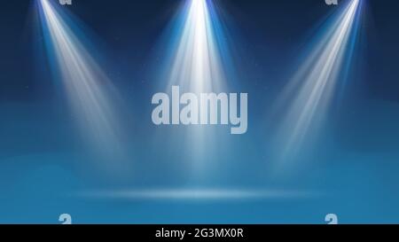 Arrière-plan avec projecteur antibrouillard. Scène fumée bleue illuminée. Arrière-plan pour l'affichage des produits. Faisceaux lumineux de spots, par étincelant Illustration de Vecteur