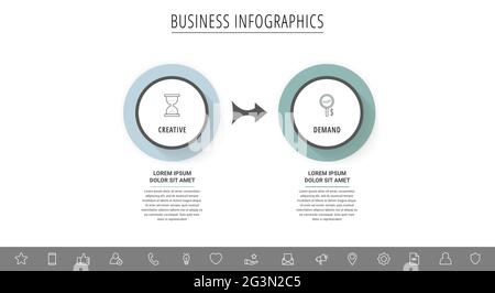 Infographies vectorielles d'entreprise avec deux cercles et flèches. Visualisation de la chronologie avec 2 étapes pour le diagramme, l'organigramme, la bannière, les présentations, le Web Illustration de Vecteur