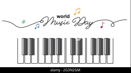 Croquis de la Journée mondiale de la musique. Touches de piano bannière vectorielle simple, affiche, arrière-plan. Un dessin en ligne continue avec texte Music Day Illustration de Vecteur