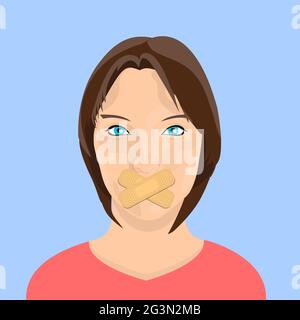 Jeune personne avec la bouche scellée avec des pansements adhésifs croisés. Concept de censure. Illustration de Vecteur
