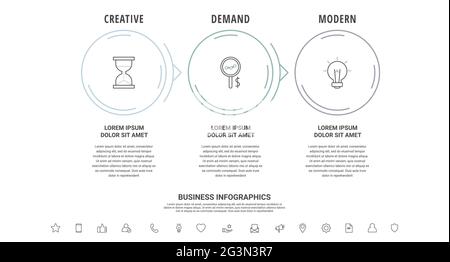 Infographies vectorielles à traits fins avec trois cercles et flèches. Modèle de calendrier avec 3 étapes pour l'application, l'entreprise, le site Web, l'interface, le graphique, niveaux Illustration de Vecteur