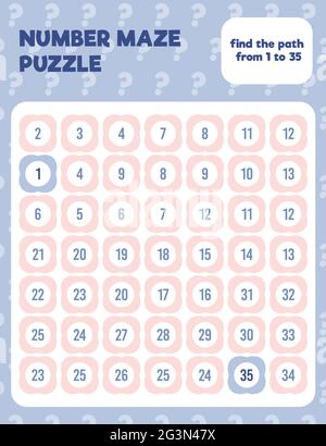 Casse-tête de labyrinthe de nombres mathématiques. Feuille de calcul mathématique à impression. Pratique facile de feuille de calcul colorée pour les enfants à l'école maternelle, élémentaire et moyenne. Illustration de Vecteur