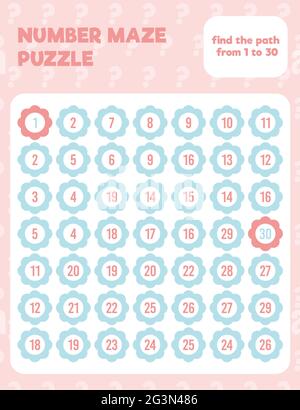 Casse-tête de labyrinthe de nombres mathématiques. Feuille de calcul mathématique à impression. Pratique facile de feuille de calcul colorée pour les enfants à l'école maternelle, élémentaire et moyenne. Illustration de Vecteur