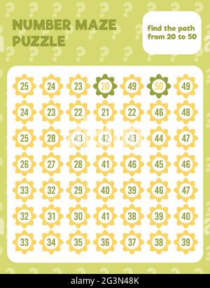 Casse-tête de labyrinthe de nombres mathématiques. Feuille de calcul mathématique à impression. Pratique facile de feuille de calcul colorée pour les enfants à l'école maternelle, élémentaire et moyenne. Illustration de Vecteur