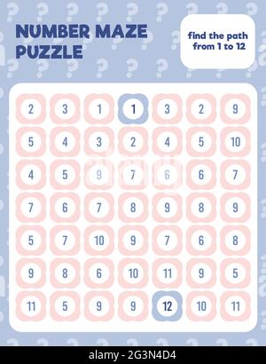 Casse-tête de labyrinthe de nombres mathématiques. Feuille de calcul mathématique à impression. Pratique facile de feuille de calcul colorée pour les enfants à l'école maternelle, élémentaire et moyenne. Illustration de Vecteur