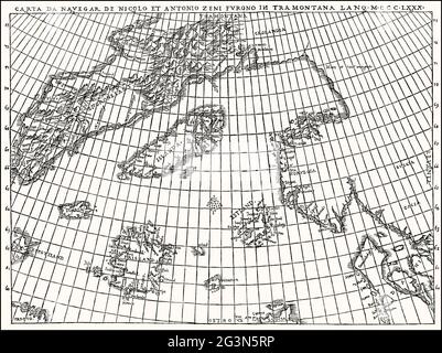 Facsimile de la carte Zeno par les frères Zeno, Nicolò et Antonio Zeno, XIVe siècle Banque D'Images