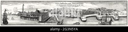 Vue sur la vieille ville de New Amsterdam ou New York, USA, XVIIe siècle, Banque D'Images