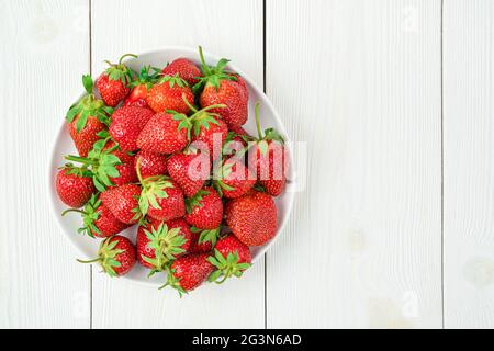 Fraises mûres dans une assiette sur fond blanc. Vue de dessus, espace de copie. Banque D'Images