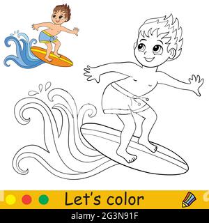 Un joli petit garçon de dessin animé saisit une vague sur une planche de surf. Page de livre de coloriage avec modèle coloré pour les enfants. Illustration vectorielle isolée. Pour livre de coloriage, p Illustration de Vecteur