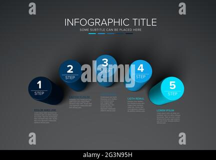 Modèle d'infographique vectoriel multi-usage composé de cinq couleurs cylindre avec descriptions des nombres et légende - version fond foncé avec Illustration de Vecteur