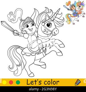 Mignonne chevalier dans une armure à cheval sur une licorne. Page de livre de coloriage avec modèle coloré pour les enfants. Illustration vectorielle isolée. Pour livre de coloriage, impression, gam Illustration de Vecteur