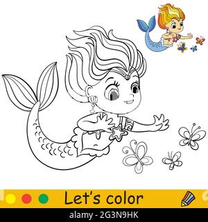 Jolie petite sirène regarder de beaux papillons. Page de livre de coloriage avec modèle coloré pour les enfants. Illustration vectorielle isolée. Pour livre de coloriage Illustration de Vecteur