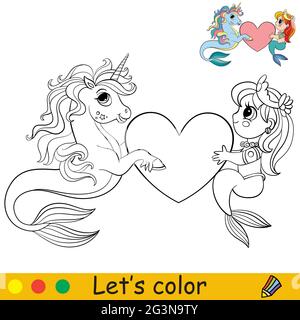 Une petite sirène et un hippocampe mignons tient un coeur. Page de livre de coloriage avec modèle coloré pour les enfants. Illustration vectorielle isolée. Pour livre de coloriage, p Illustration de Vecteur